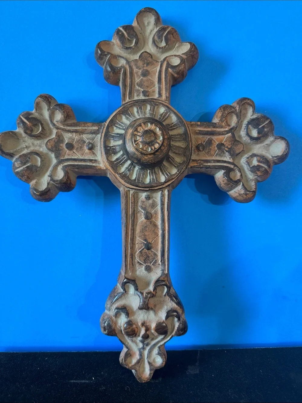 Ornate Decorative Wall Cross in Distressed Brown Finish